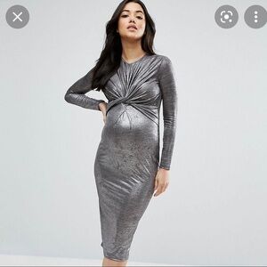 Maternity Twist Knot Front Long Sleeve Bodycon Dress in Lurex - Silver size 6